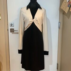 DVF Women’s 12 Wool Black and White Color Block Long Sleeve Fit and Flare Dress.